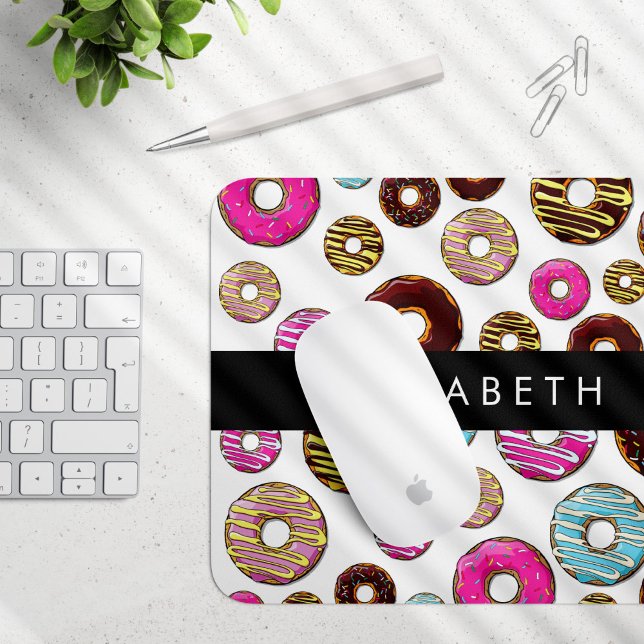 Muster von Donuts, farbenfrohe Donuts, Ihr Name Mousepad (Von Creator hochgeladen)