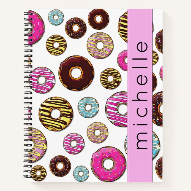 Muster von Donuts, farbenfrohe Donuts, Ihr Name Notizbuch (Vorderseite)