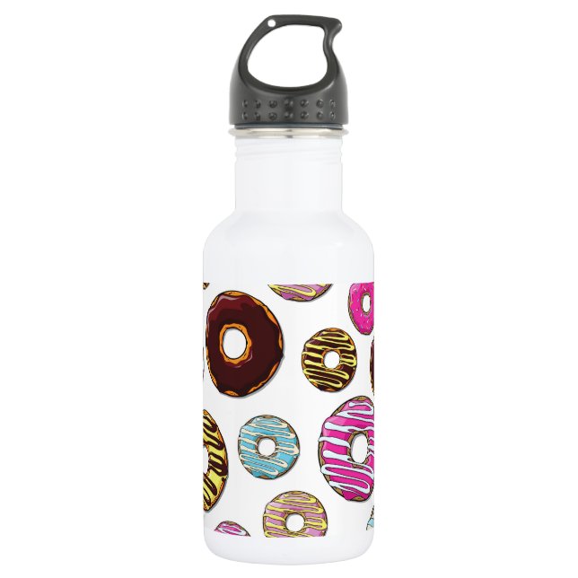 Muster von Donuts, farbenfrohe Donuts, Sprinklen Edelstahlflasche (Vorderseite)
