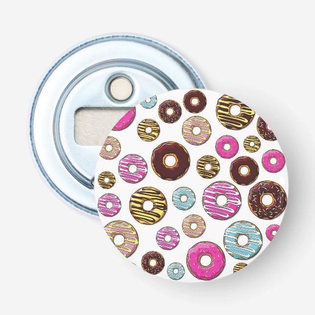 Muster von Donuts, farbenfrohe Donuts, Sprinklen Flaschenöffner (Vorderseite)