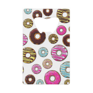 Muster von Donuts, farbenfrohe Donuts, Sprinklen Geldbeutel Flaschenöffner