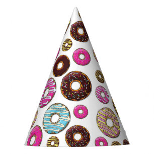 Muster von Donuts, farbenfrohe Donuts, Sprinklen Partyhütchen