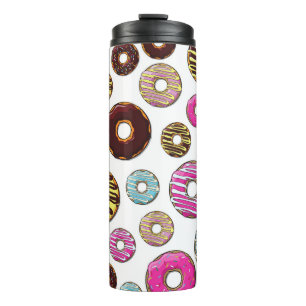 Muster von Donuts, farbenfrohe Donuts, Sprinklen Thermosbecher