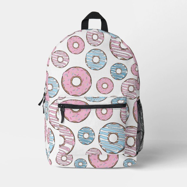 Muster von Donuts, rosa Donuts, blaue Donuts Bedruckter Rucksack (Vorderseite)