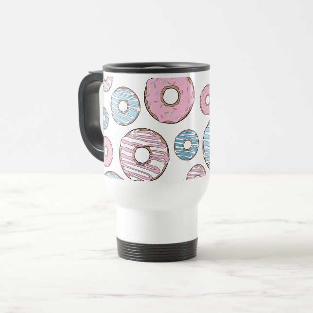 Muster von Donuts, rosa Donuts, blaue Donuts Reisebecher (Vorderseite Links)