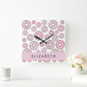 Muster von Donuts, rosa Donuts, Icing, Ihr Name Quadratische Wanduhr