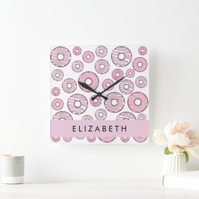 Muster von Donuts, rosa Donuts, Icing, Ihr Name Quadratische Wanduhr (Zuhause)