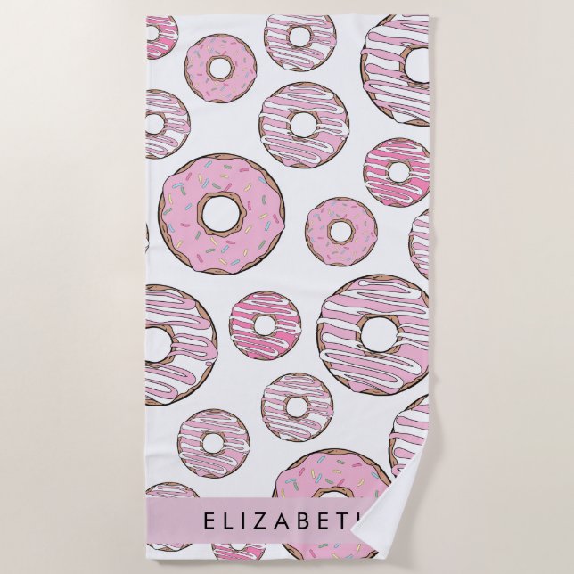 Muster von Donuts, rosa Donuts, Icing, Ihr Name Strandtuch (Vorderseite)