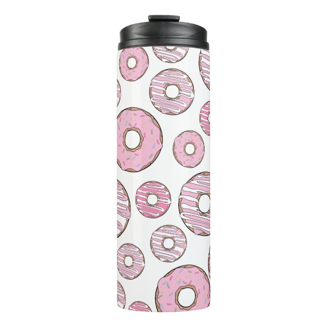 Muster von Donuts, rosa Donuts, Sprinklen Thermosbecher (Vorderseite)