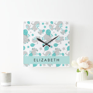 Muster von Elefanten, Niedliche Elefanten, Ihr Nam Quadratische Wanduhr