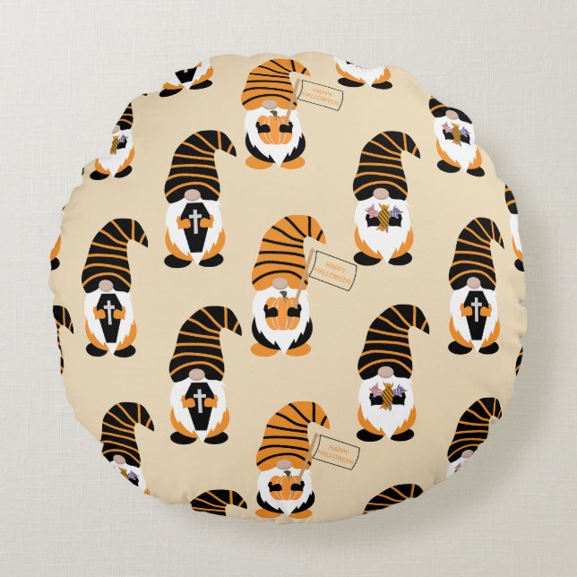 Muster von Gnomen, Halloween-Gnomen-Trick oder -Be Rundes Kissen (Vorderseite)