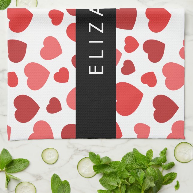 Muster von Herzen, roten Herzen, Ihr Name Geschirrtuch (Gefaltet)