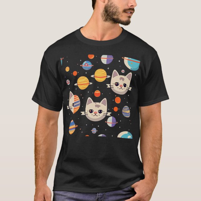 Muster von Katzen im Weltraum T-Shirt (Vorderseite)