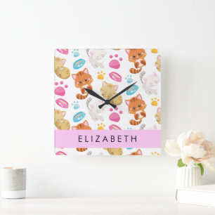 Muster von Katzen, Niedlichen Katzen, Kitty, Pfote Quadratische Wanduhr