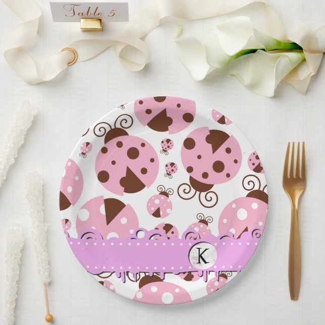 Muster von Ladybugs, rosa Ladybugs, Monogramm Pappteller (Hochzeit)