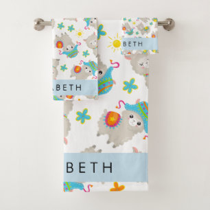 Muster von Llamas, Alpacas, Blume, Ihr Name Badhandtuch Set