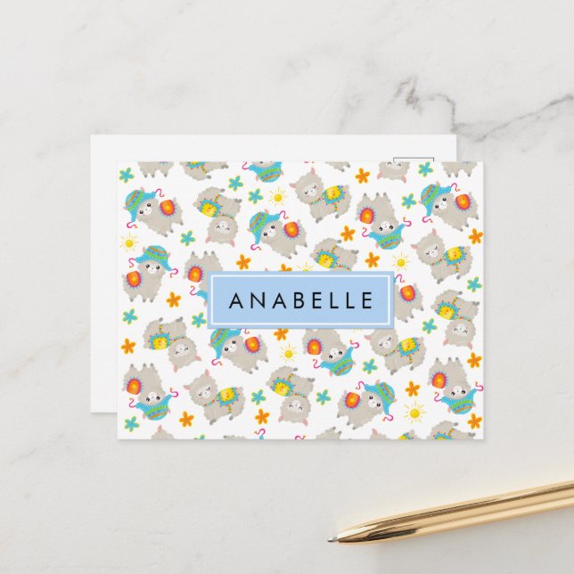 Muster von Llamas, Alpacas, Blume, Ihr Name Postkarte (Vorderseite/Rückseite Beispiel)