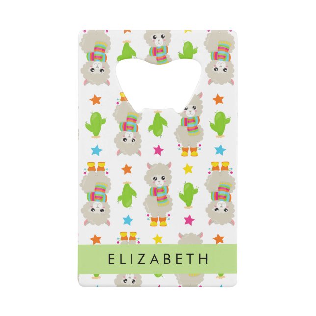 Muster von Llamas, Alpacas, Kaktus, Ihr Name Geldbeutel Flaschenöffner (Vorderseite)