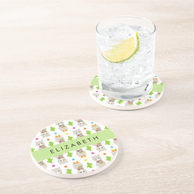 Muster von Llamas, Alpacas, Kaktus, Ihr Name Getränkeuntersetzer (Seite)