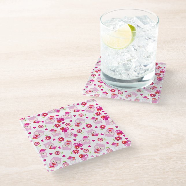 Muster von Ölen, Niedlichen Ölen, rosa Ölen, Herz Glasuntersetzer (Schrägansicht)