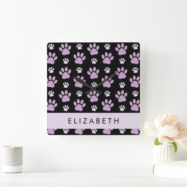 Muster von Paws, Lilac Paws, Dog Paws, Ihr Name Quadratische Wanduhr (Zuhause)