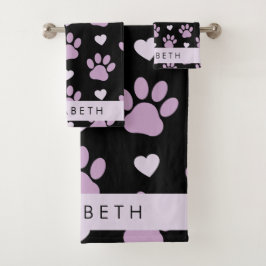 Muster von Paws, Lilac Paws, Herz, Ihr Name Badhandtuch Set