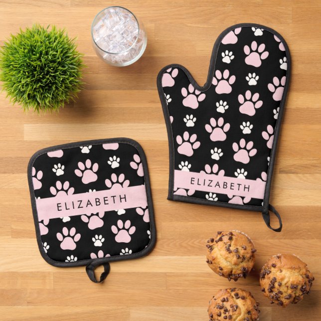 Muster von Paws, rosa Paws, Dog Paws, Ihr Name Ofenhandschuh & Topflappen-Set (Oben Unten)