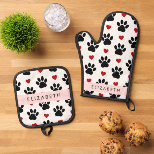 Muster von Paws, schwarzen Paws, roten Herzen, Ihr Ofenhandschuh & Topflappen-Set
