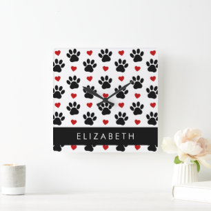 Muster von Paws, schwarzen Paws, roten Herzen, Ihr Quadratische Wanduhr