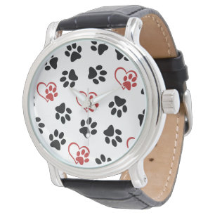 Muster von Paws, schwarzen Paws, roten Paws, Herz Armbanduhr