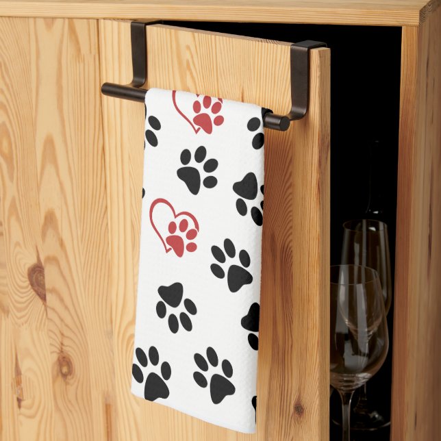 Muster von Paws, schwarzen Paws, roten Paws, Herz Geschirrtuch (Drittel gefaltet)