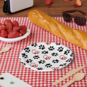Muster von Paws, schwarzen Paws, roten Paws, Herz Pappteller