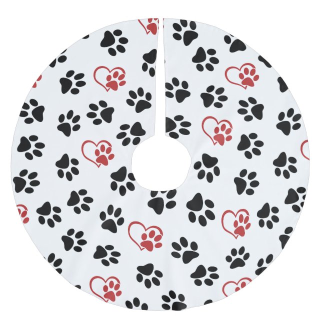 Muster von Paws, schwarzen Paws, roten Paws, Herz Polyester Weihnachtsbaumdecke (Vorderseite)