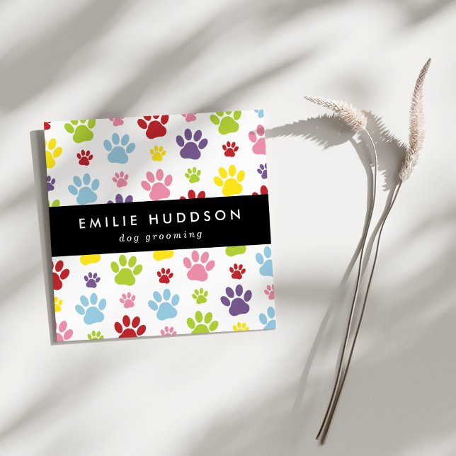 Muster von Pfoten, Hunde-Groomer, Hunde-Walker, Pe Quadratische Visitenkarte (Von Creator hochgeladen)