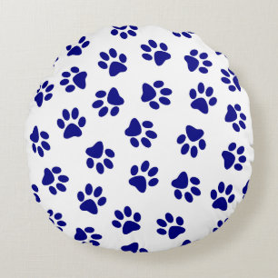 Muster von Pfoten, Hundeschäften, blaue Navy-Paws Rundes Kissen