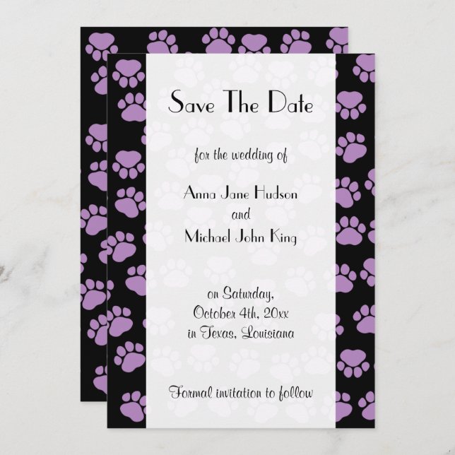 Muster von Pfoten, Lila Pfoten, Save the Date (Vorne/Hinten)