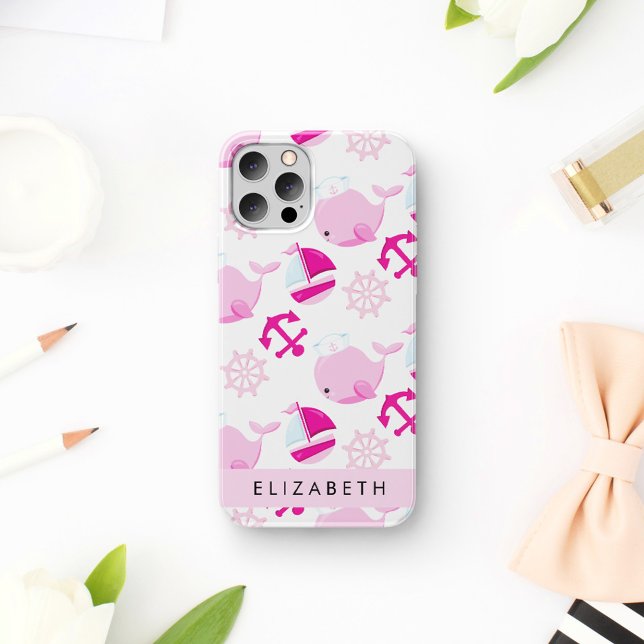 Muster von Walen, rosa Wale, Ihr Name iPhone 16 Hülle (Von Creator hochgeladen)
