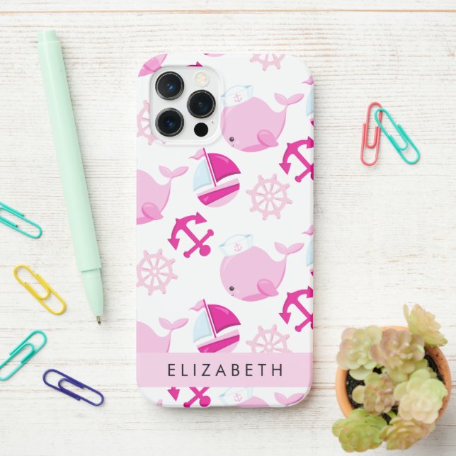 Muster von Walen, rosa Wale, Ihr Name iPhone Hülle (Auf dem Schreibtisch)