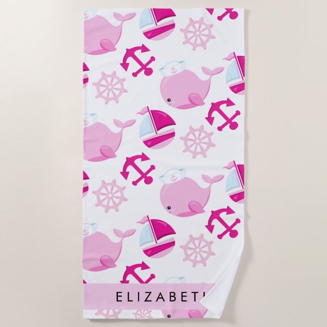 Muster von Walen, rosa Wale, Ihr Name Strandtuch (Vorderseite)