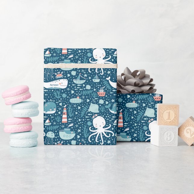 Musterjunge Navy Blue and White Nautical Ocean Geschenkpapier (Babyparty)