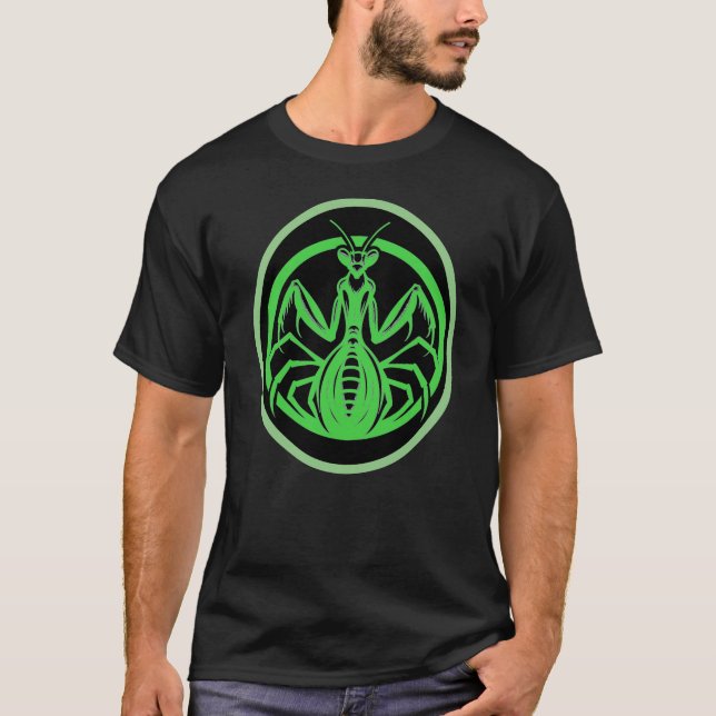 Mutated Mantis Dbl Circle Green on Black T-Shirt (Vorderseite)