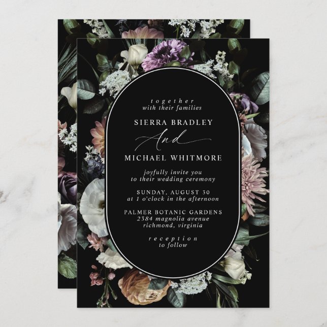 Mute Dark Floral | Elegant Black Moody Wedding Einladung (Vorne/Hinten)