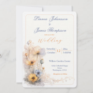 Muted Beige Fall Floral Wildflowers Pearls Wedding Einladung