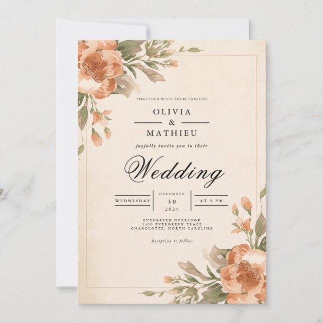 Muted Blossom Arch Flourish Wedding Einladung (Vorderseite)
