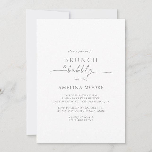 Muted Gray Minimal Brunch and Bubbly Bridal Shower Einladung (Vorderseite)