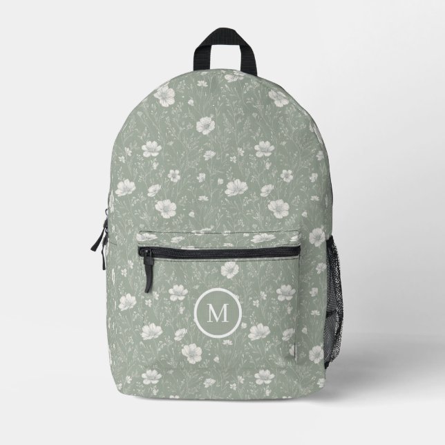 Muted Green And White Wildflower Pattern  Bedruckter Rucksack (Vorderseite)