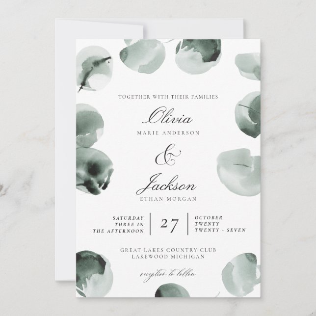 Muted Green Eucalyptus Scripted Modern Wedding Einladung (Vorderseite)