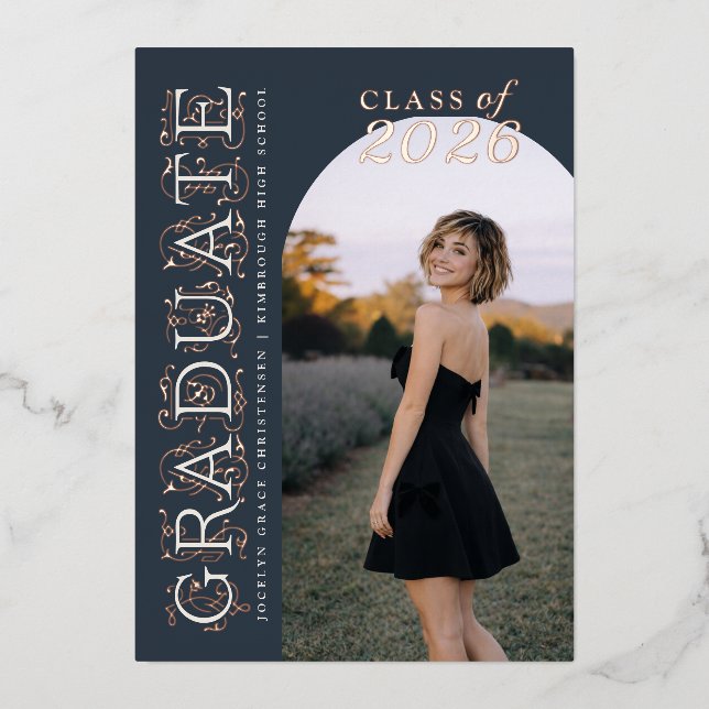 Muted Navy Ivory Photo Graduation Rose Gold Folieneinladung (Vorderseite)