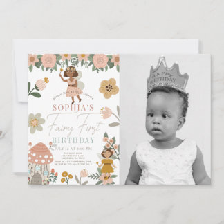 Muted Pink Floral Fairy First Birthday Photo Einladung