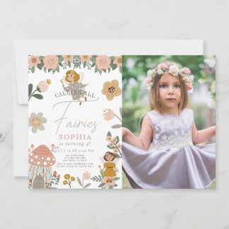 Muted Pink Floral Fairy Girl Birthday Photo Einladung